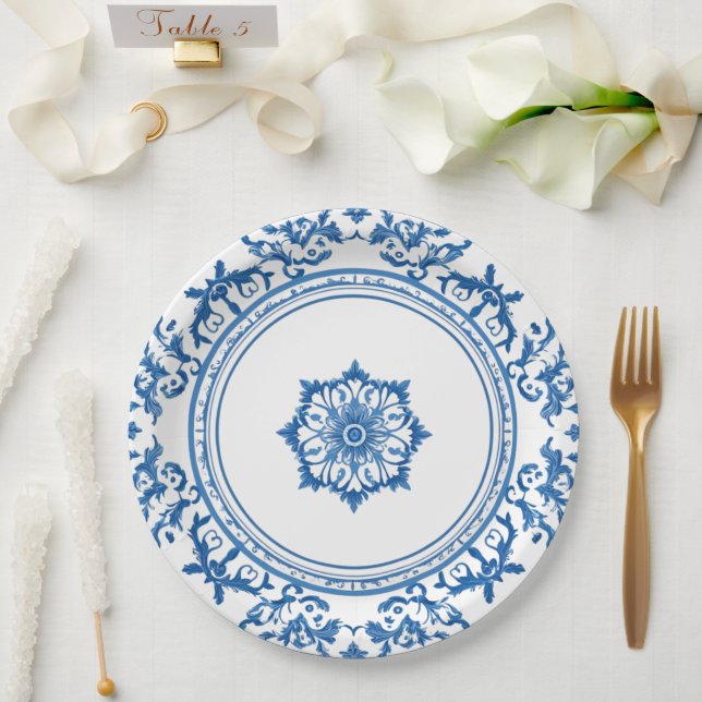 Plato De Papel Elegante estilo sencillo estilo chinoiserie Blue W (Boda)
