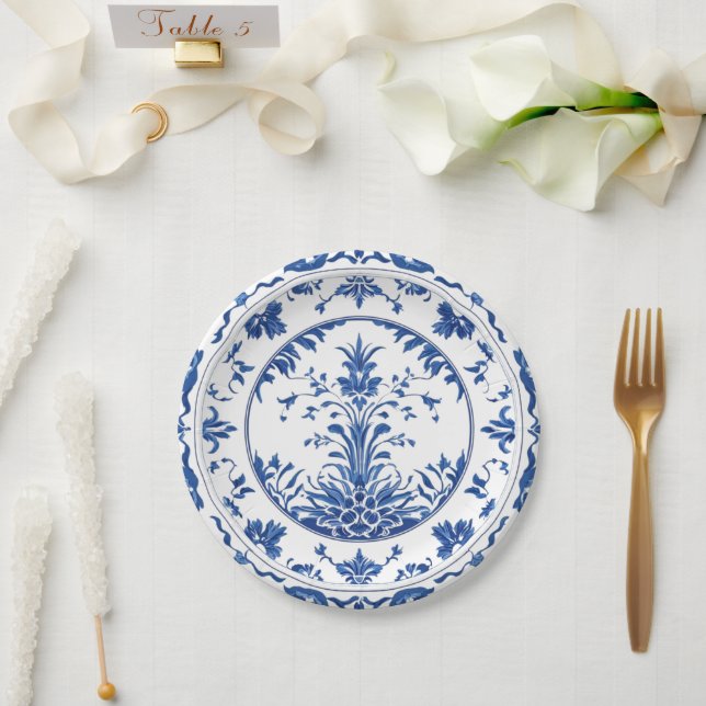 Plato De Papel Elegante estilo sencillo estilo chinoiserie Blue W (Boda)