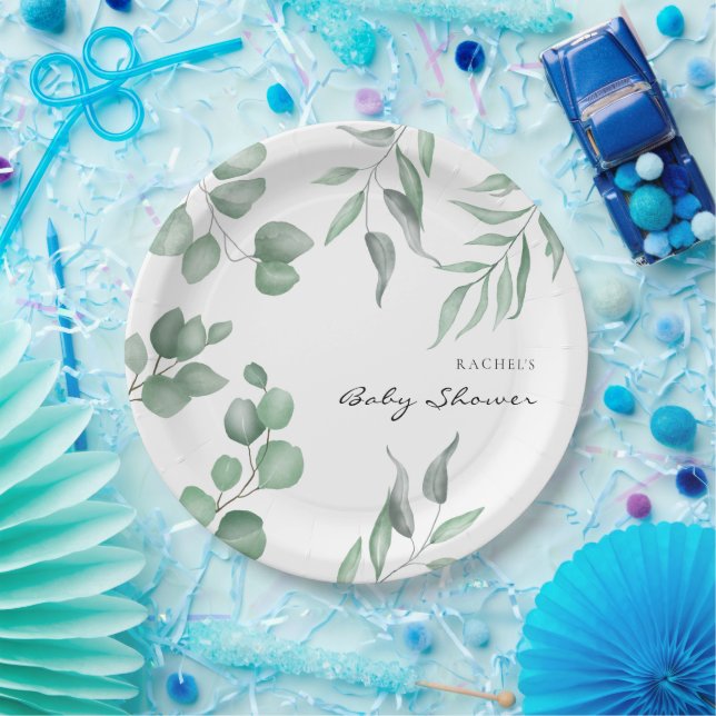 Plato De Papel Elegante Eucalyptus Baby Shower Greenery Foliage (Fiesta)