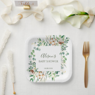 Plato De Papel Elegante Eucalyptus Greenery Baby Shower Square