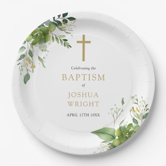 Plato De Papel Elegante Eucalyptus Greenery Baptism Christening (Anverso)