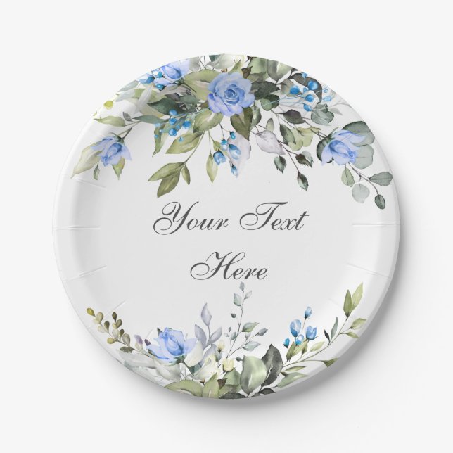 Plato De Papel Elegante Eucalyptus Rosas Azules Fiesta Floral (Anverso)