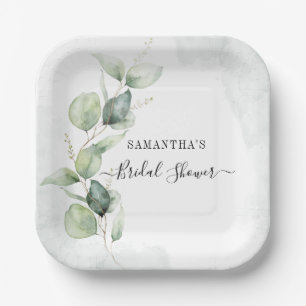Plato De Papel Elegante Eucalyptus Watercolor Bridal Shower