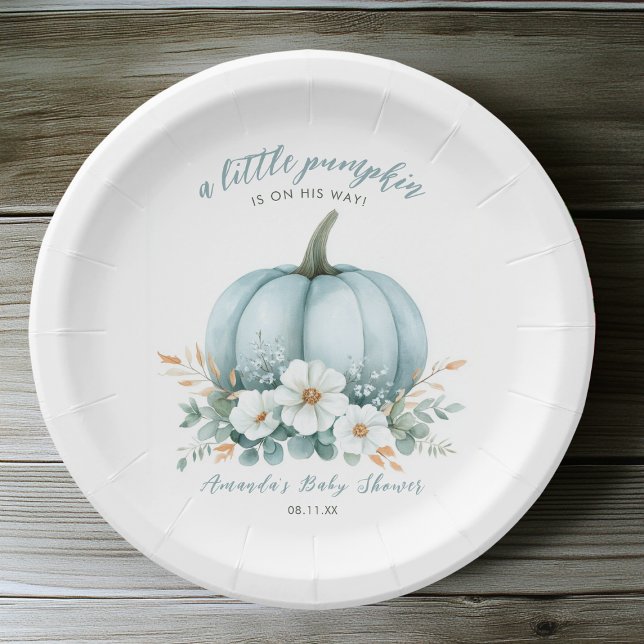 Plato De Papel Elegante Fall Blue Pumpkin Floral Boy Baby Shower (Subido por el creador)