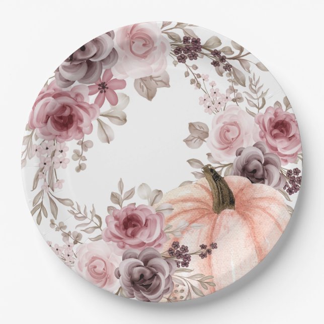 Plato De Papel Elegante Fall Floral Calabaza Neutral acuarela (Anverso)