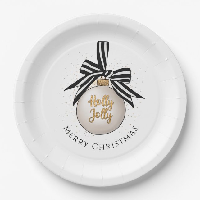 Plato De Papel Elegante Feliz Navidad Bauble Blanco Negro (Anverso)