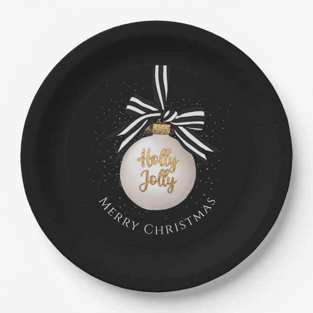 Plato De Papel Elegante Feliz Navidad Bauble Negro (Anverso)