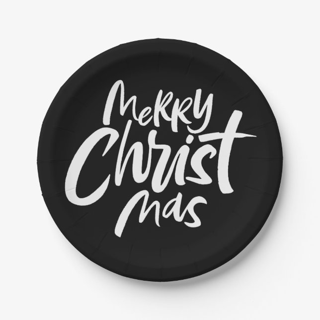 Plato De Papel Elegante Feliz Navidad Letter Elegante Negro (Anverso)