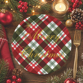 Plato De Papel Elegante Feliz Navidad Tartán Cuadros Rojos y Verd