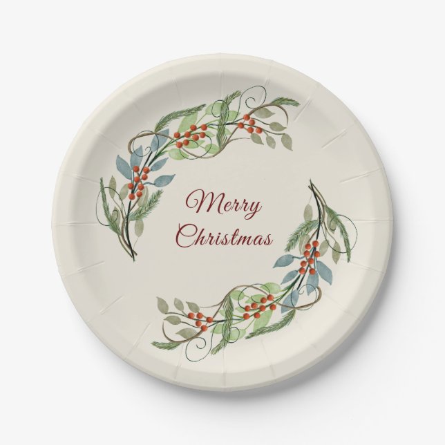 Plato De Papel Elegante Feliz Navidad Wreath Botánico (Anverso)