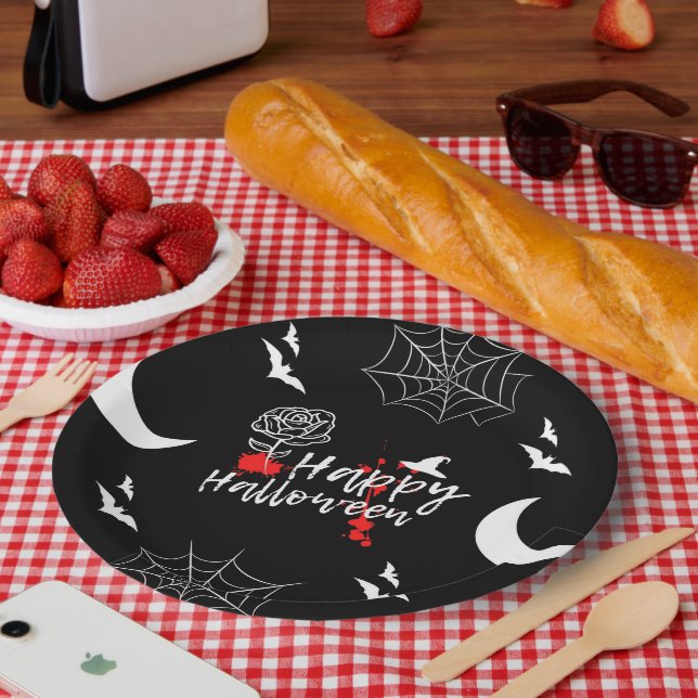 Plato De Papel Elegante Feliz Rosa de Halloween y Bats (Picnic)