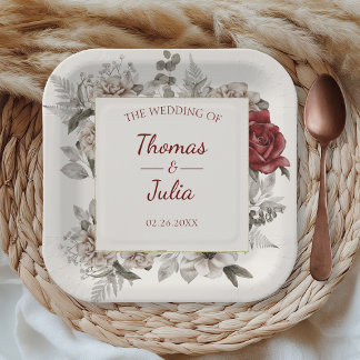 Plato De Papel Elegante Fiesta cuadrado con flores acuáticas