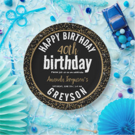 Plato De Papel Elegante Fiesta de 40 Años en Negro y Oro