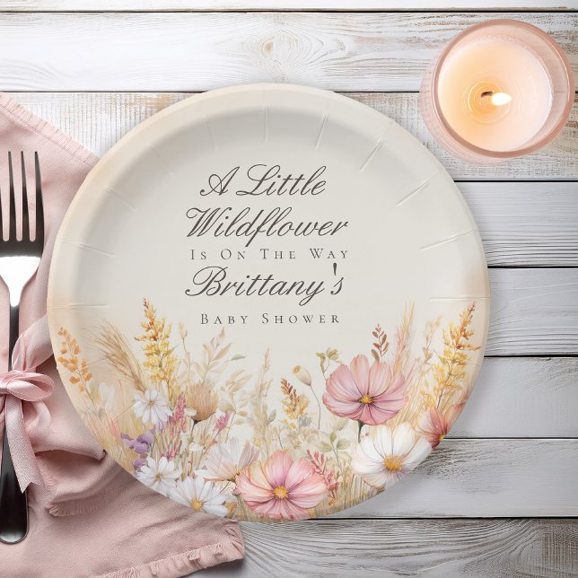Plato De Papel Elegante Fiesta de Bebé de Pradera de Otoño con Fl (Elegant autumn meadow baby shower paper plate with watercolor cosmos and fall botanicals)