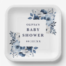 Plato De Papel Elegante Fiesta de Bebé Floral Azul Marino Campest