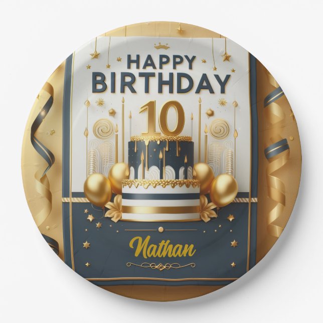 Plato De Papel Elegante fiesta de cumpleaños 10 de la Marina Azul (Anverso)