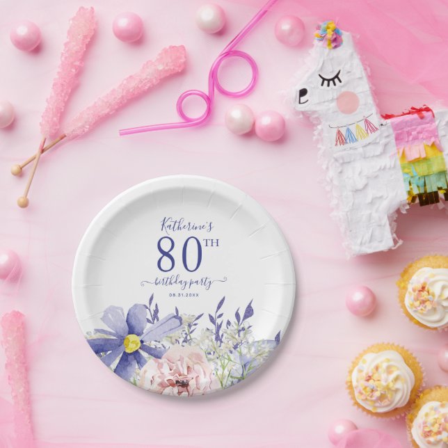 Plato De Papel Elegante fiesta de cumpleaños 80 de la Floral Púrp (Fiesta)