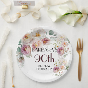 Plato De Papel Elegante fiesta de cumpleaños 90 con flores de acu