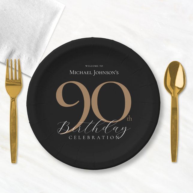 Plato De Papel Elegante fiesta de cumpleaños 90 del Oro Negro (Elegant Black Gold 90th Birthday Party Paper Plates)