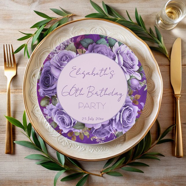 Plato De Papel Elegante fiesta de cumpleaños de rosas morados mon (Elegant purple vintage roses elegant birthday party monogrammed paper plates personalized decor)