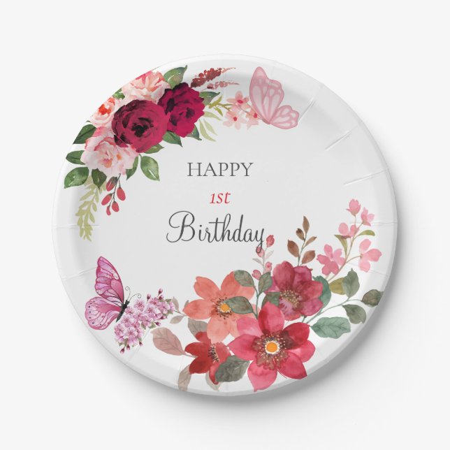 Plato De Papel Elegante fiesta de cumpleaños floral (Anverso)