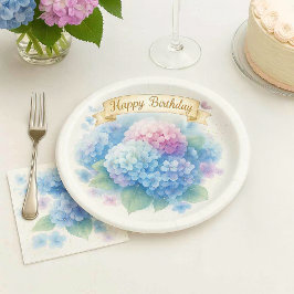 Plato De Papel Elegante Fiesta de Cumpleaños Floral de Hortensia 
