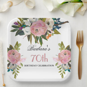 Plato De Papel Elegante fiesta de cumpleaños número 70 con flores