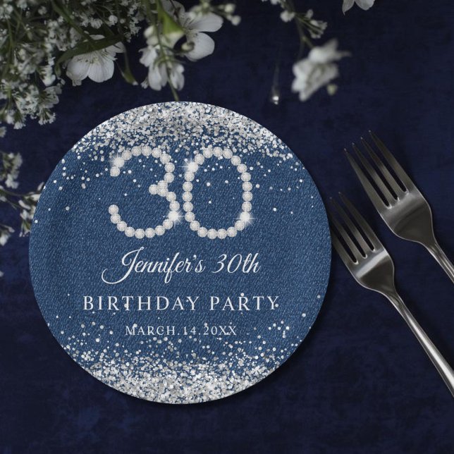 Plato De Papel Elegante Fiesta de Diamantes y Denim 30 cumpleaños (Diamonds & denim 30th Birthday Paper plate)