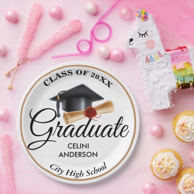 Plato De Papel Elegante fiesta de graduación de oro, blanco y neg (Fiesta)