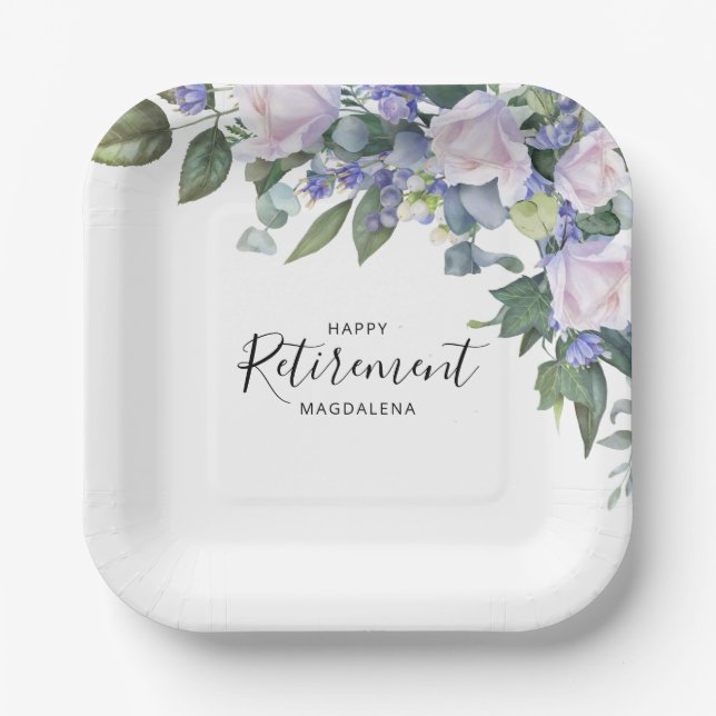 Plato De Papel Elegante Fiesta de Jubilación Personalizado Floral (Anverso)