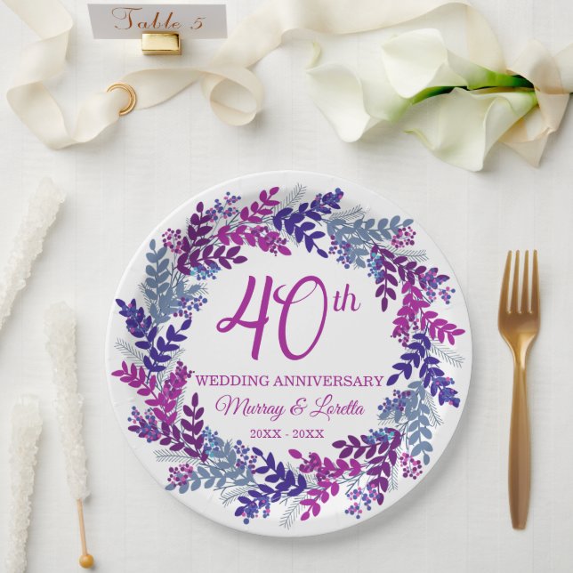 Plato De Papel Elegante Fiesta de la guirnalda rosa 40 años (Boda)