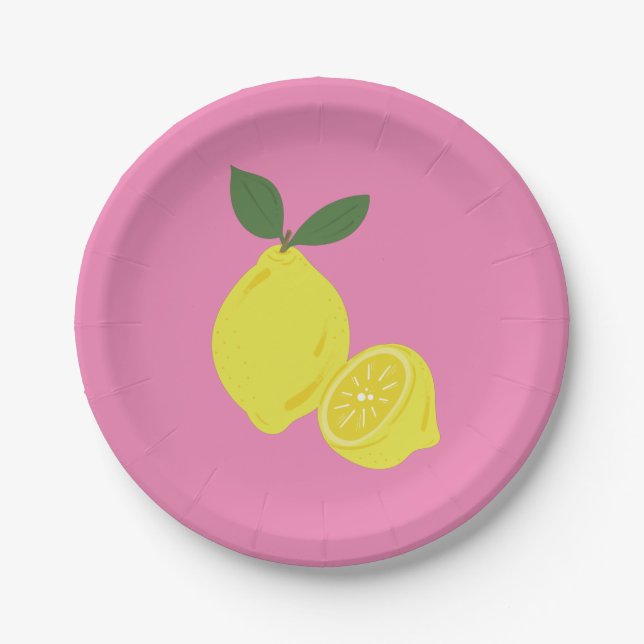 Plato De Papel Elegante Fiesta de limón rosa y amarillo (Anverso)