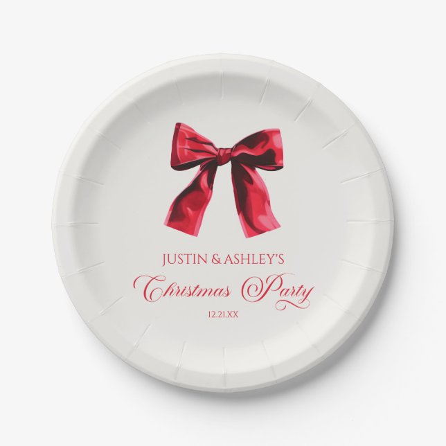 Plato De Papel Elegante Fiesta de Navidades Red Coquette Bow (Anverso)