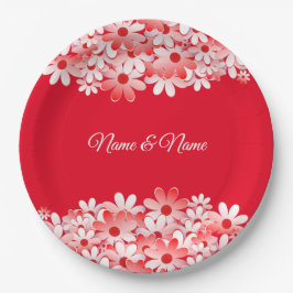 Plato De Papel Elegante Fiesta de Nombre Floral Rojo Blanco