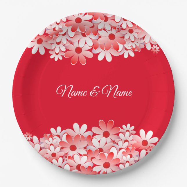 Plato De Papel Elegante Fiesta de Nombre Floral Rojo Blanco (Anverso)