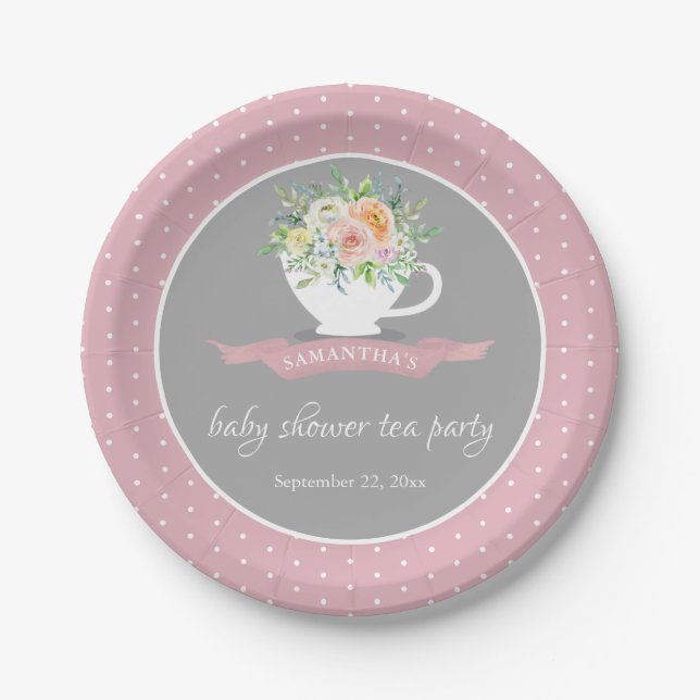 Plato De Papel Elegante Fiesta de té Baby Shower Floral Teacup (Anverso)