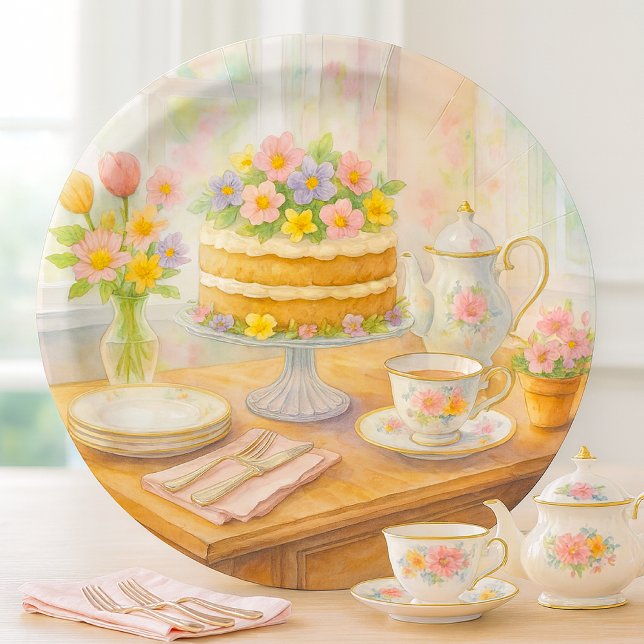 Plato De Papel Elegante Fiesta de Té de Primavera (watercolor spring tea party paper plate mockup)