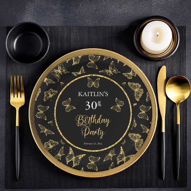 Plato De Papel Elegante Fiesta del cumpleaños 30 de las mariposas (Elegant Black and Faux Gold Glitter Butterflies 30th Birthday Party Flat Paper Plates)
