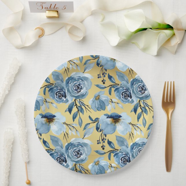 Plato De Papel Elegante Fiesta Dusty Blue Floral & Gold Round (Boda)