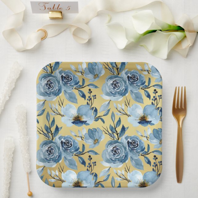 Plato De Papel Elegante Fiesta Dusty Blue Floral y Gold Square (Boda)