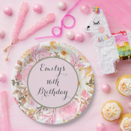 Plato De Papel Elegante Fiesta Personalizado de flores rosadas