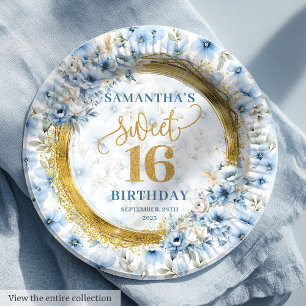 Plato De Papel Elegante Fiesta Purpurina Blue Sweet 16 Gold