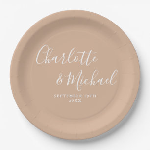 Plato De Papel Elegante firma de escritura Tan Taupe Boda