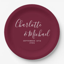 Plato De Papel Elegante firma de letra script Burgundy Boda