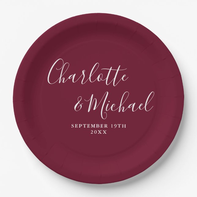 Plato De Papel Elegante firma de letra script Burgundy Boda (Anverso)