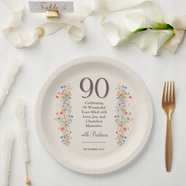 Plato De Papel Elegante flor 90 años Fiesta Floral 90 cumpleaños (Boda)