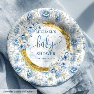 Plato De Papel Elegante flor azul pastel dorado niño ducha bebé