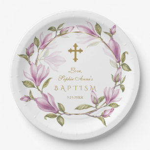 Plato De Papel Elegante flor de Magnolia Rosa flor Bautismo de Or