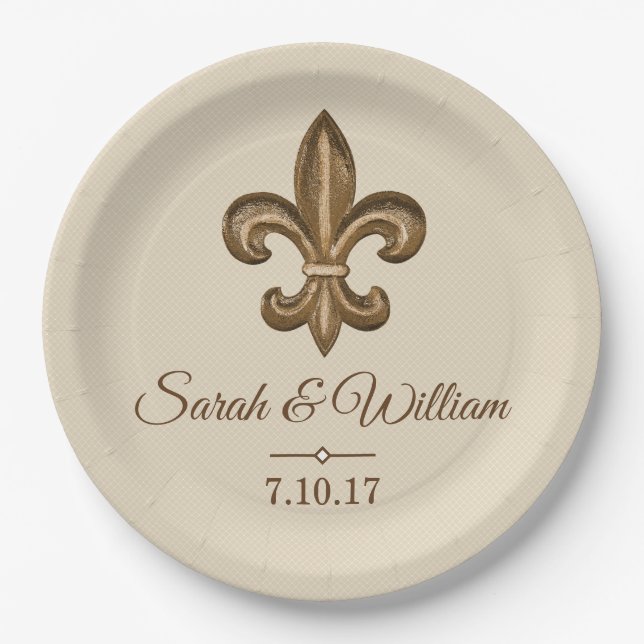 Plato De Papel Elegante flor de oro de Lis y Taupe| Personalizado (Anverso)