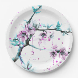 Plato De Papel Elegante flor de primavera Floral rosa acuarela